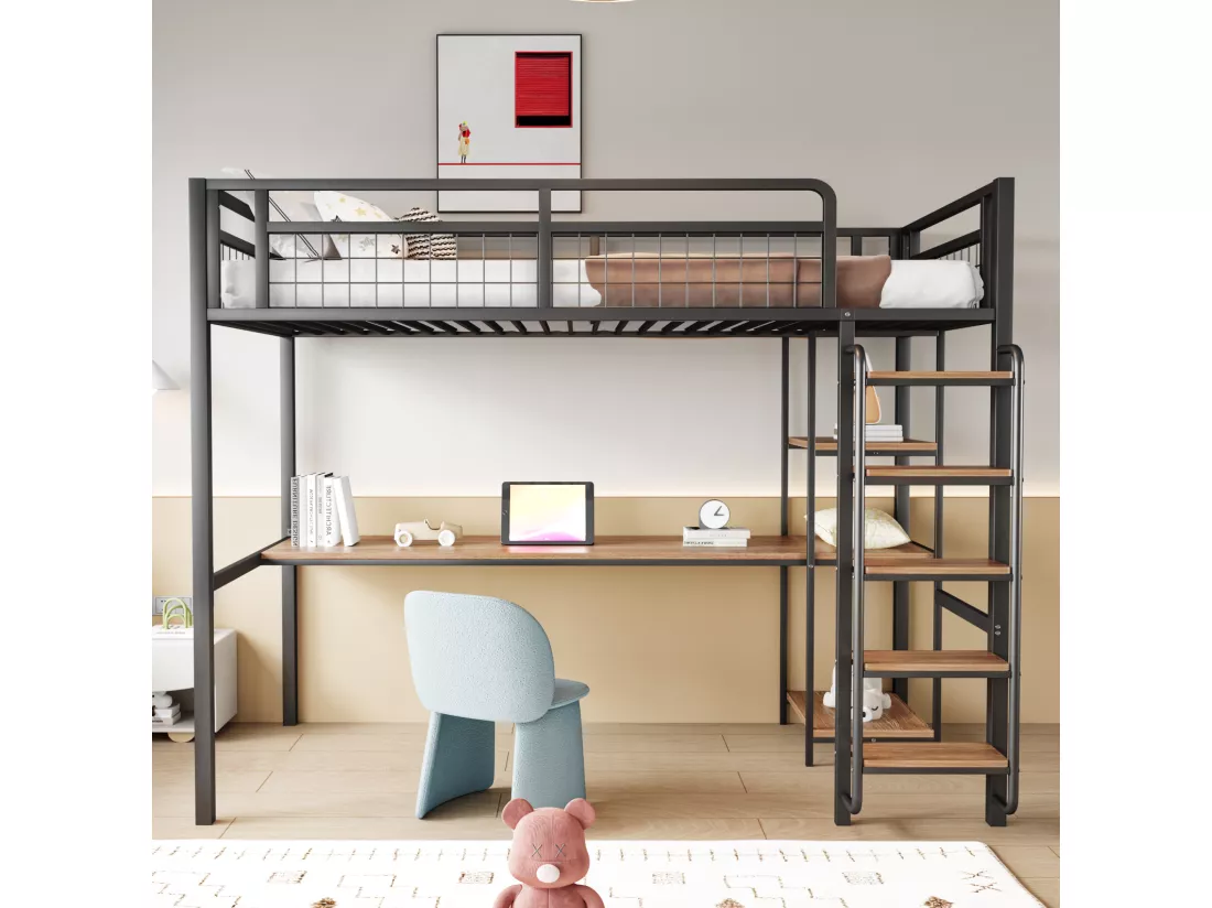 Lit mezzanine 90 x 200 cm avec bureau étagères de rangement - Métal et MDF - pour enfant - Noir