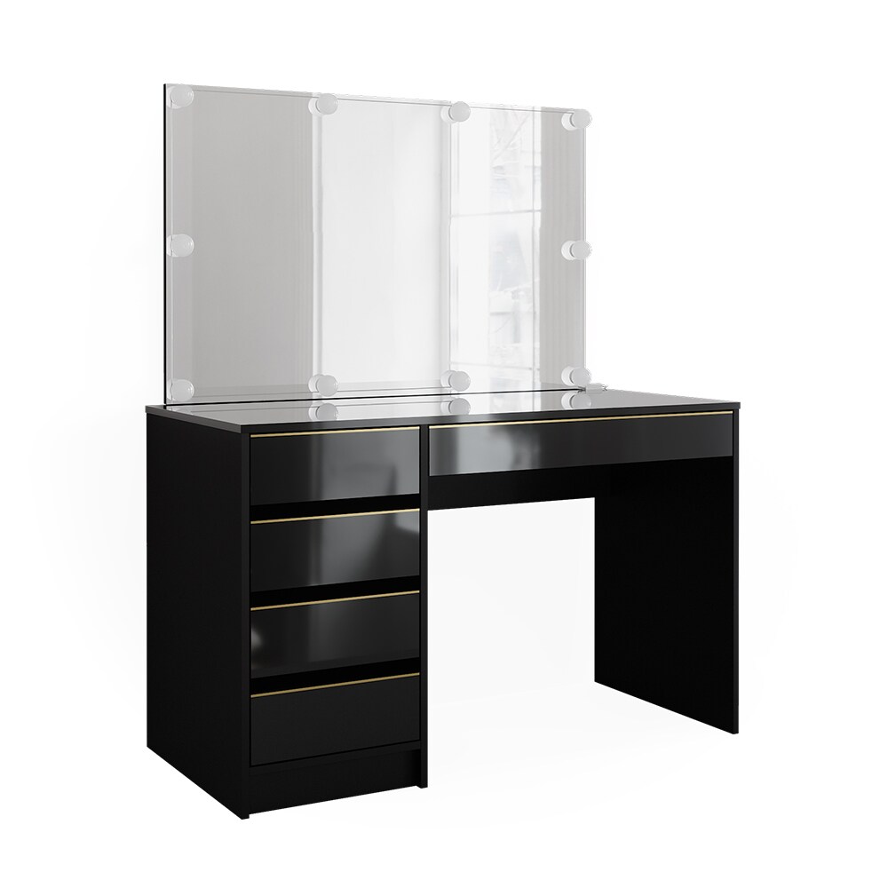 Vicco Schminktisch Sherry Schwarz Hochglanz Gold 120 x 75 cm 5 Schubladen Spiegel LED