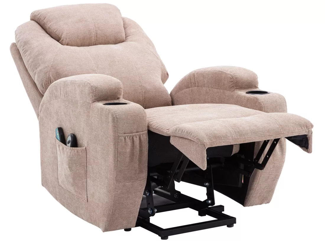 Fauteuil relax électrique avec fonctions de chauffage et de vibration - 2 porte-gobelets et poches latéralles - Gris clair