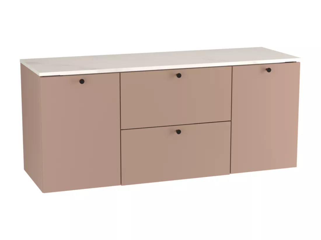 Meuble lavabo WENA, avec 2 portes et 2 tiroirs, fronts lisses, avec panier à linge, Beti, 140x60x47 cm, Rose foncé/Marbre Bianco