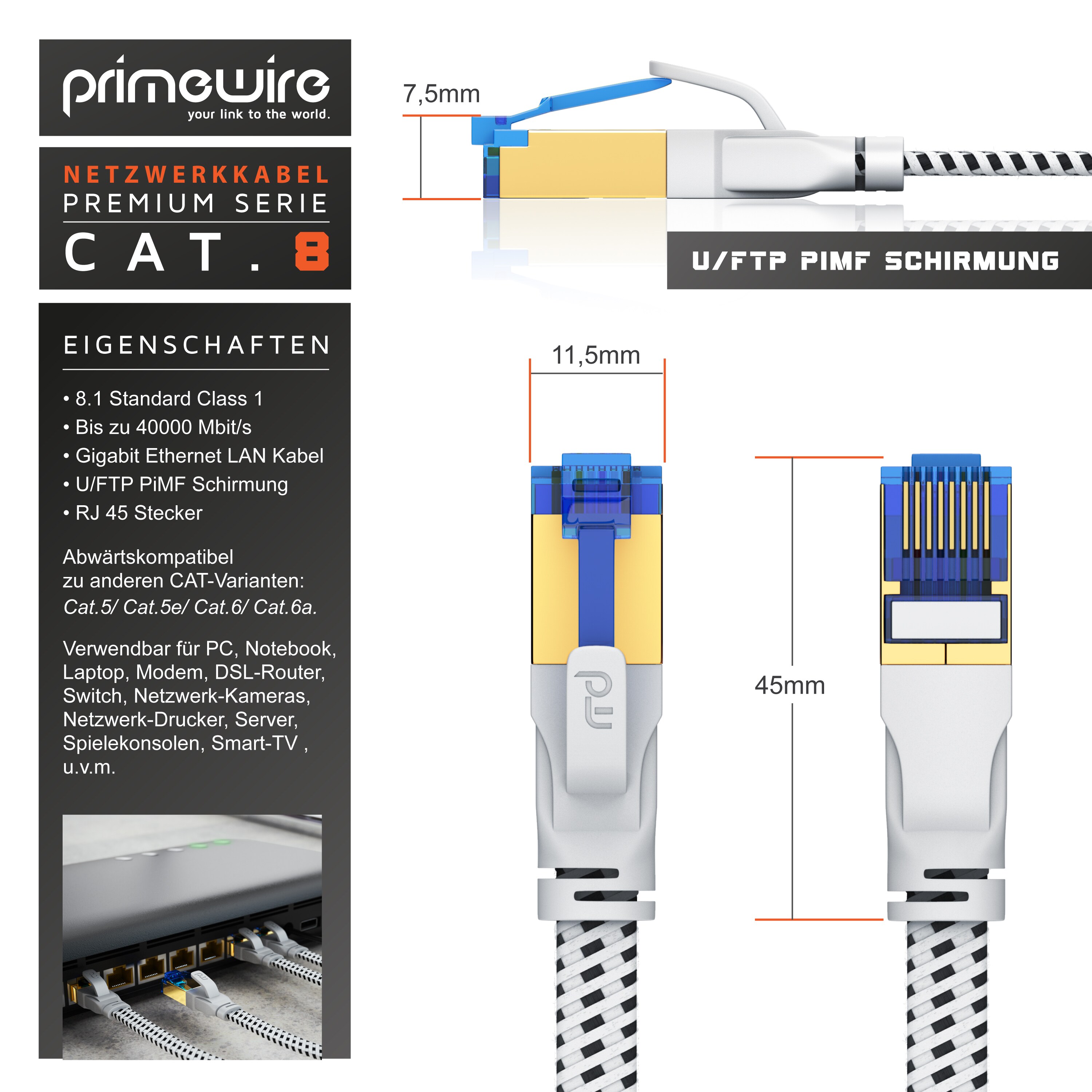 Primewire Flachbandpatchkabel CAT 8 mit Baumwollummantelung - Gigabit Ethernet LAN Kabel - 40 Gbit/s - S/FTP PIMF Schirmung - Netzwerkkabel - 0,25m