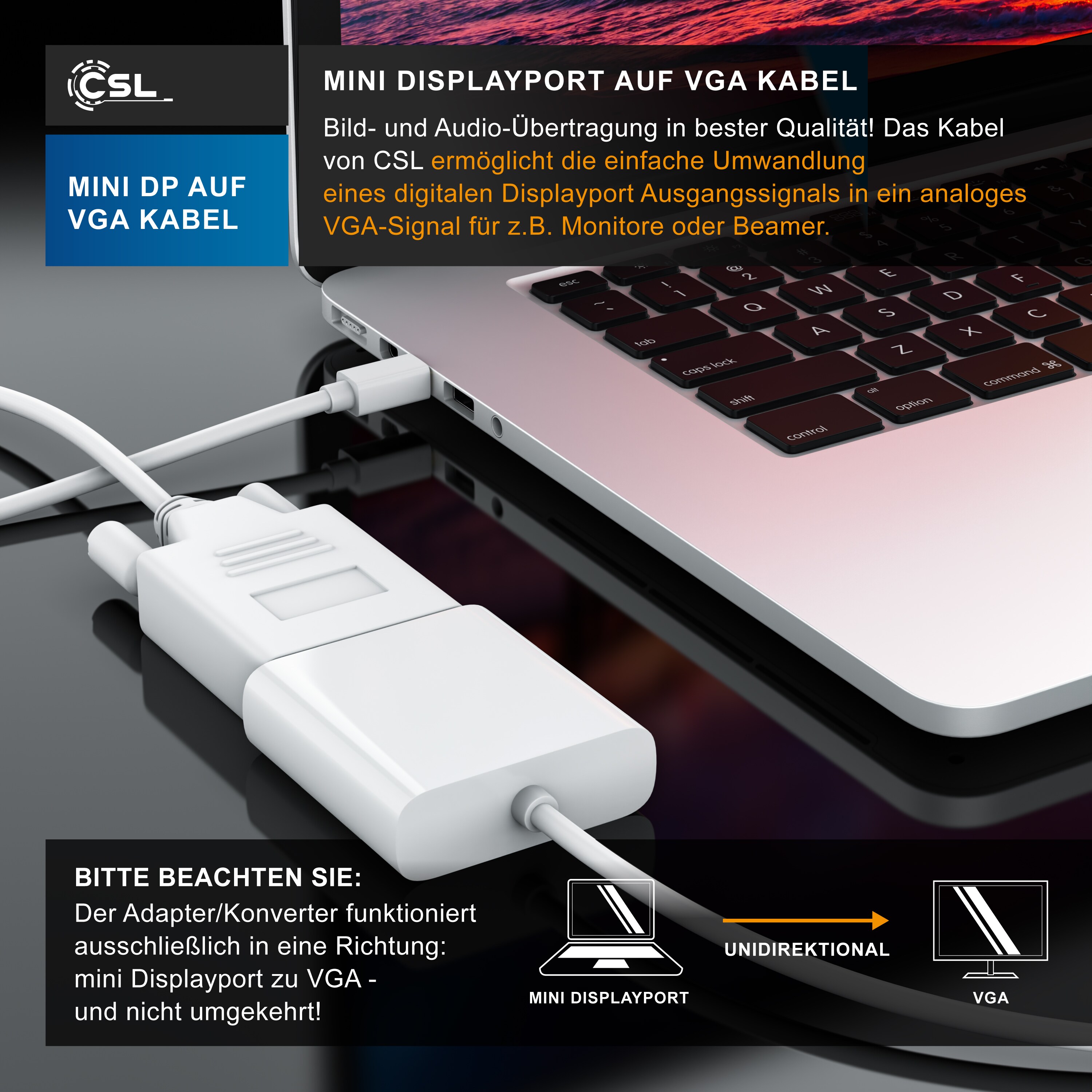 CSL Mini Displayport zu VGA Audio- & Video Kabel, miniDP Monitor Adapter / Thunderbolt 1 & 2 kompatibel - 3m