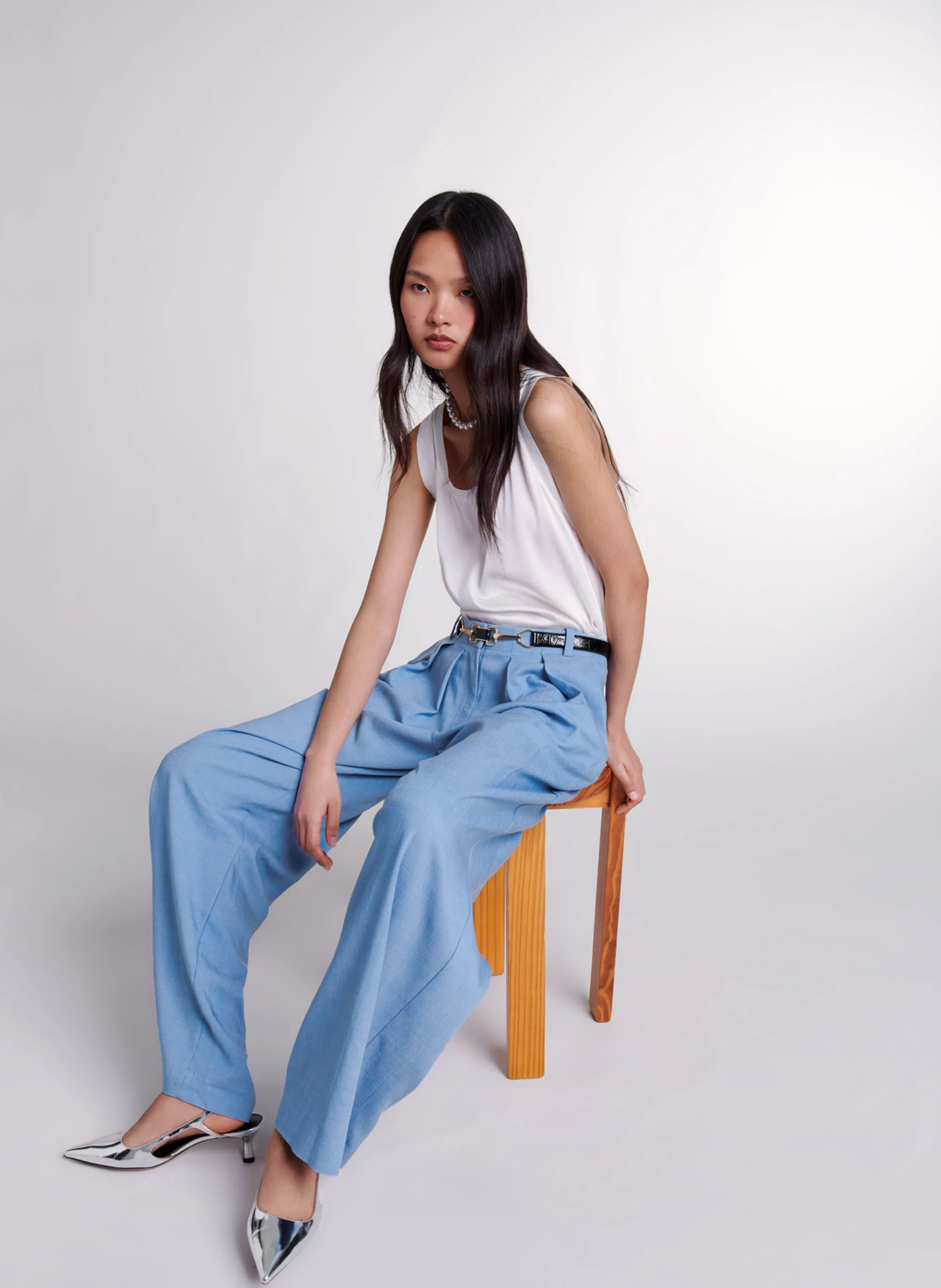 Pantalon large taille haute | Bleu