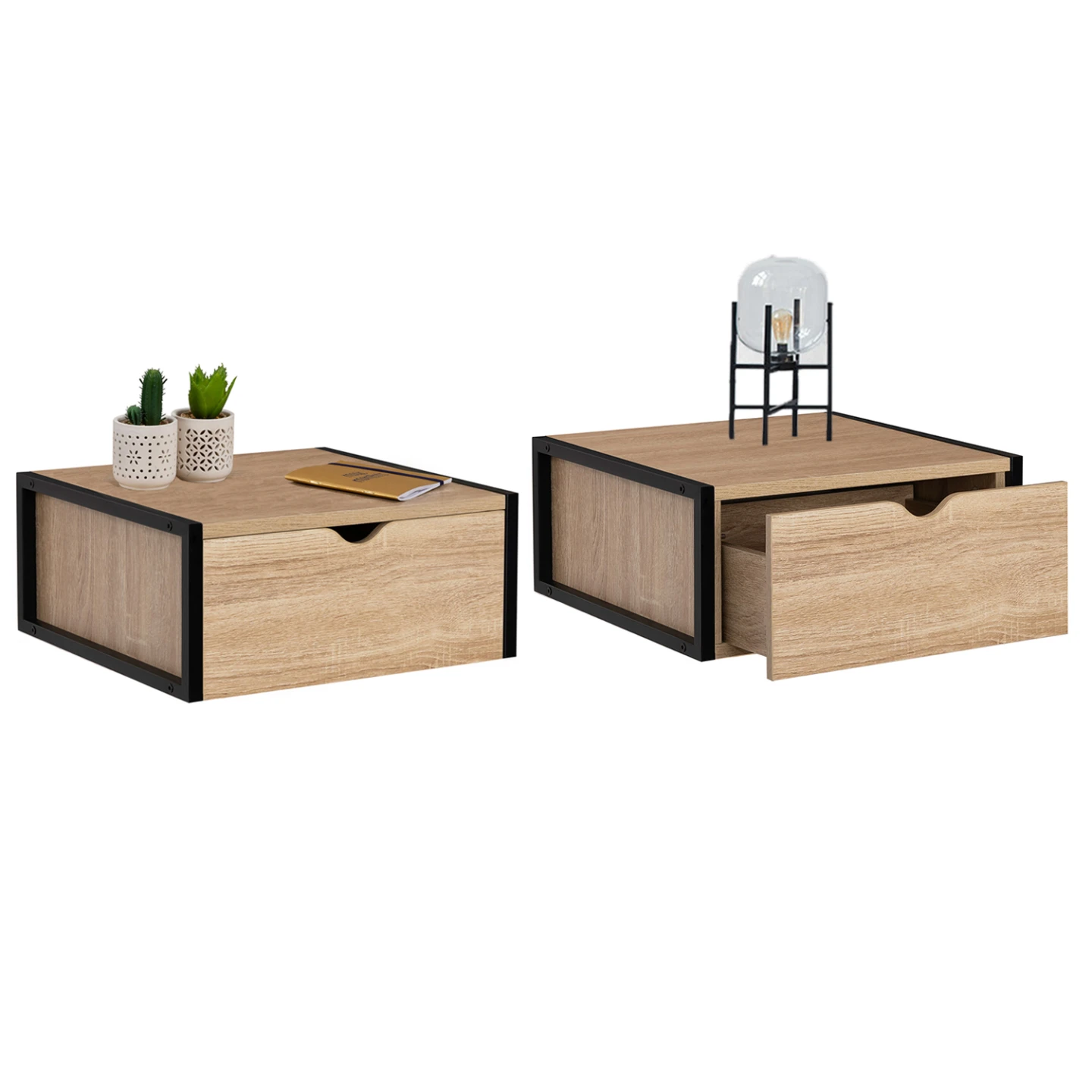 Lot de 2 tables de chevet murales DETROIT 1 tiroir étagère suspendue bois et métal noir design industriel