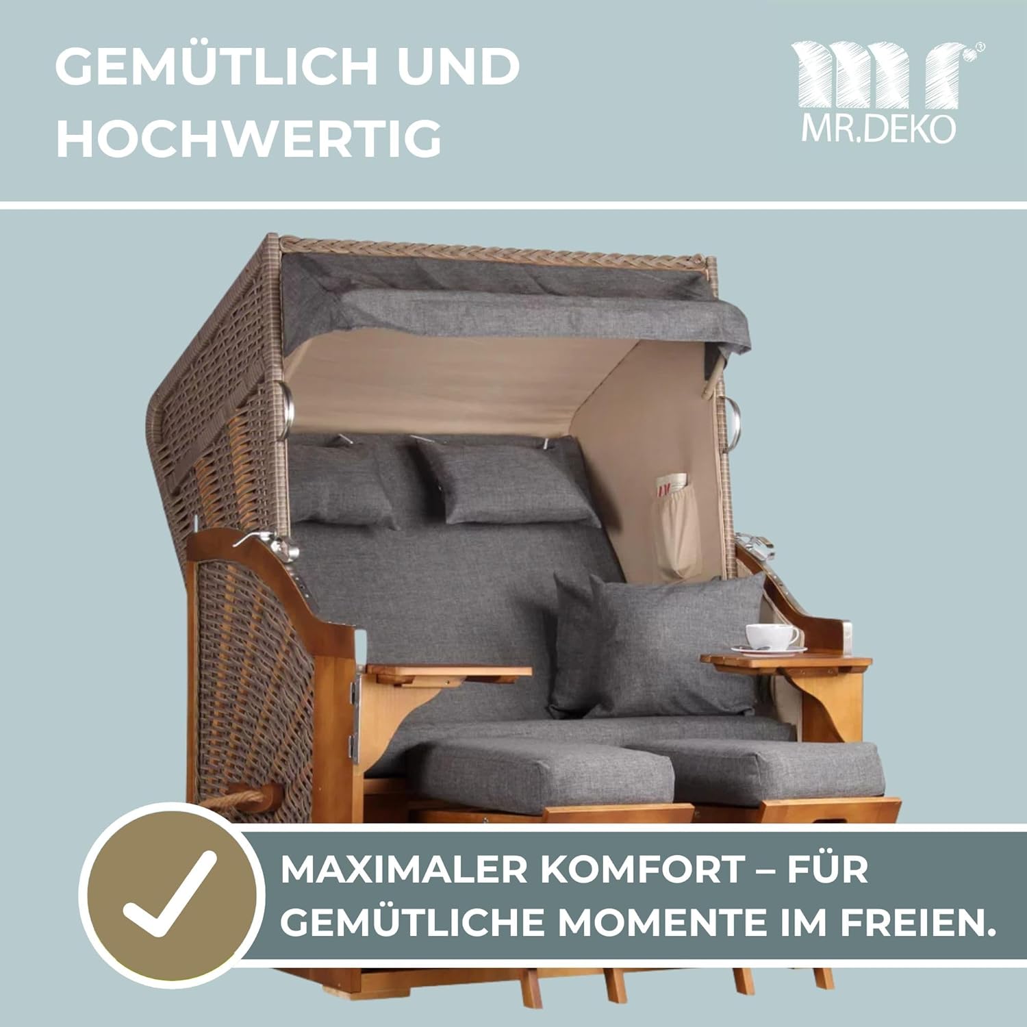 Strandkorb Schleswig Pinie Braun PE Mokka Dessin 560 | 2 Sitzer wetterfest | Ostseefeeling Garten Balkon | Roofed Wicker Beach Chair | Strandkörbe Volllieger Pinienholz | Fertig montiert