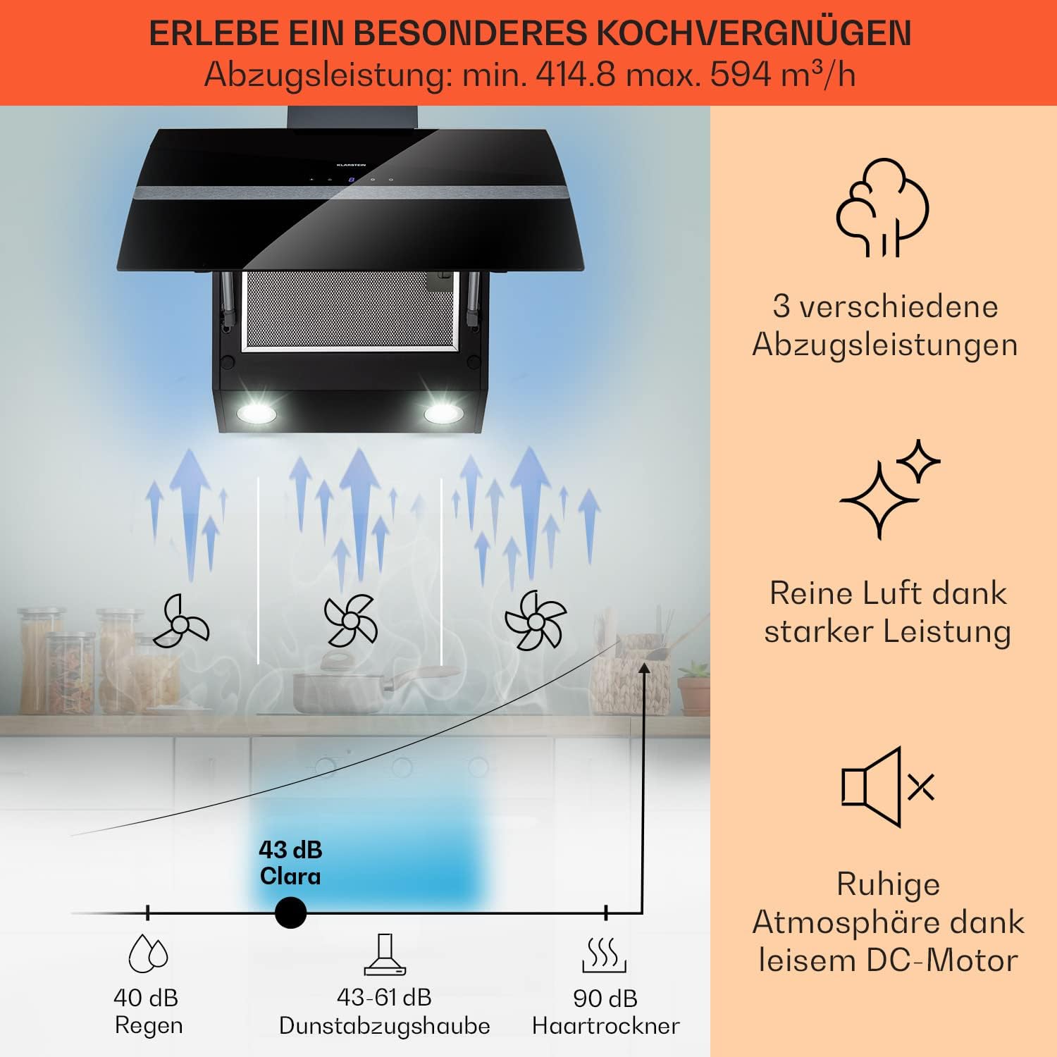Klarstein Dunstabzugshaube Umluft/Abluft, Leise Abzugshaube, Edelstahl Wandhaube, Dunstabzugshaube mit Filter, Dunstabzugshaube 90cm, Umlufthaube mit LED-Licht, Dunstabzug Kopffrei 509 m³/h Luftstrom