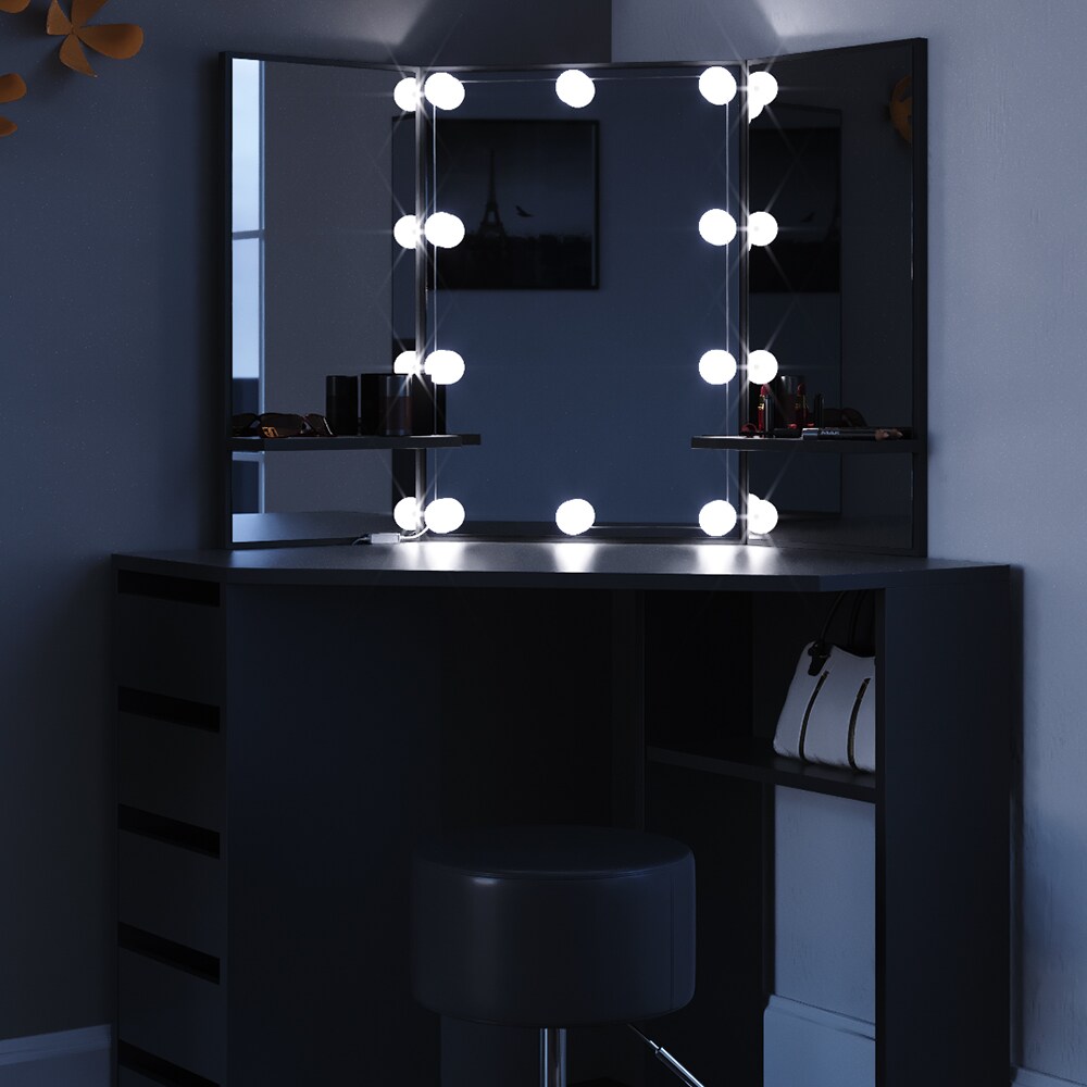 Vicco Schminktisch Arielle Frisiertisch Kommode Frisierkommode Spiegel Schwarz inklusive Hocker und LED-Lichterkette