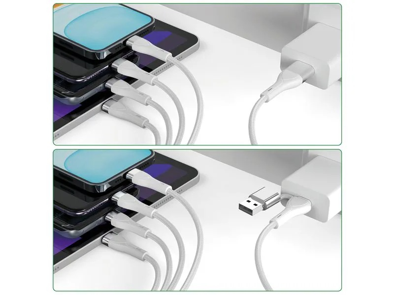 (1.2m) 15W 4in1 USB C / USB A auf 2x USB C / Lightning / Micro USB Ladekabel Nylon Datenkabel Power Delivery (541024) - Weiss