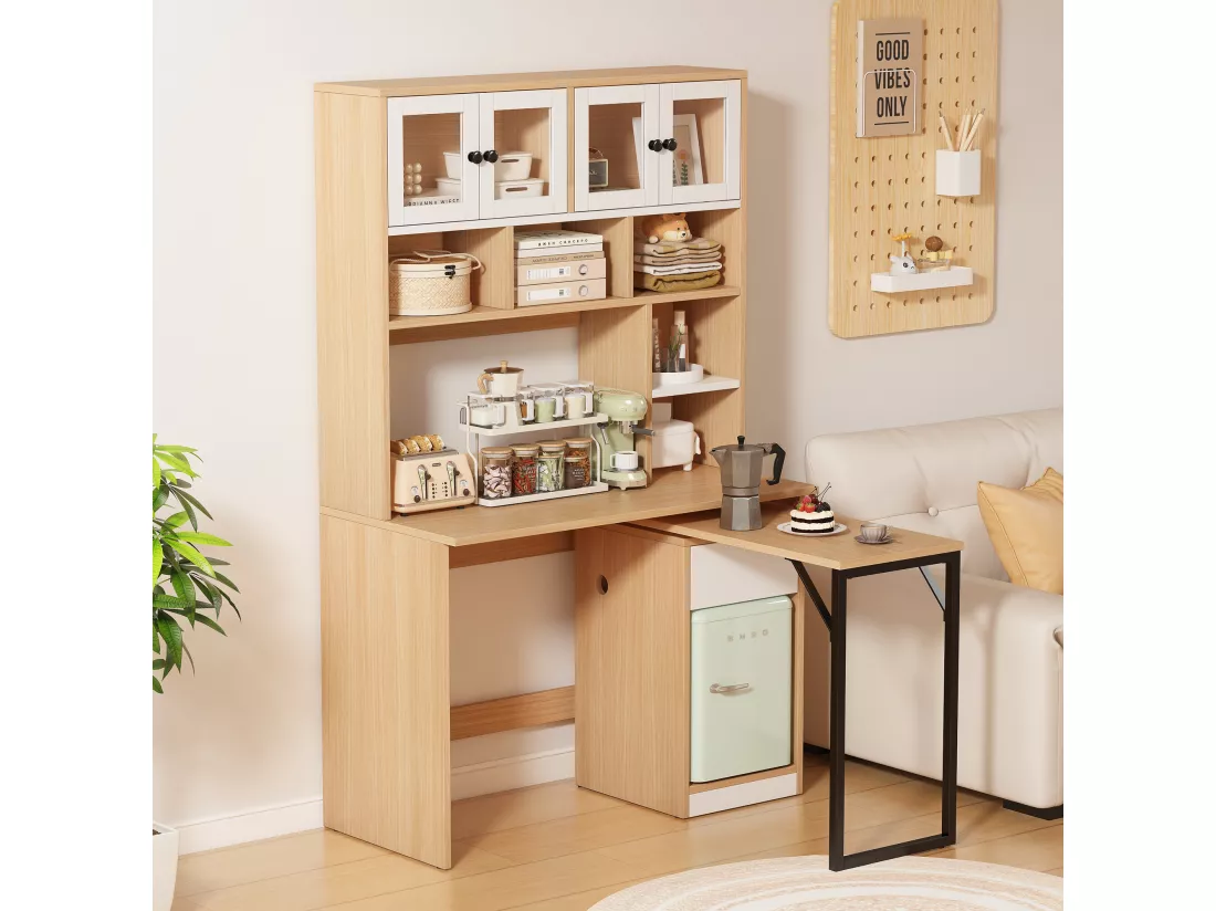 URBAN MEUBLE Bureau effet bois avec étagère rangement tablette rétractable 110*55*180cm