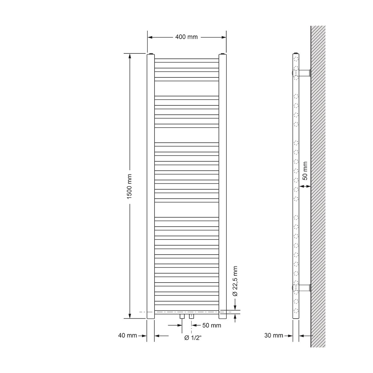 ECD Germany Badkamerradiator, Middenaansluiting, 400 x 1500 mm, Wit, Recht, met Thermostaat en Aansluitset, Universele Hoek- en Doorloopvorm, Wit - Radiator, Verwarming, Handdoekwarmer, Handdoekdroger
