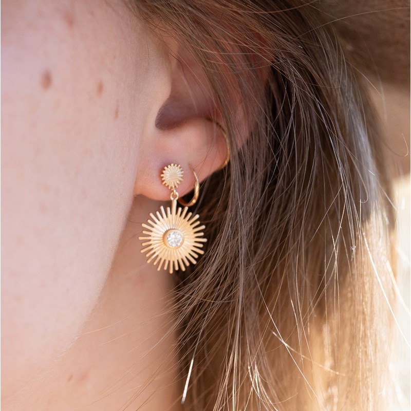 Boucles d'Oreilles Pendantes Plaqué Or Rayons Soleil Pierre Precieuse Strass Zirconium