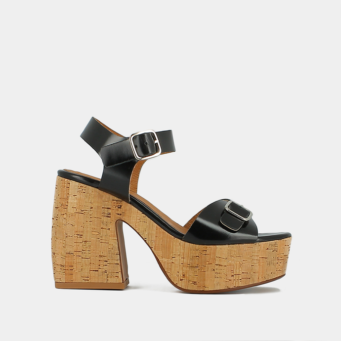 Sandales à boucles et plateformes  en cuir glacé noir