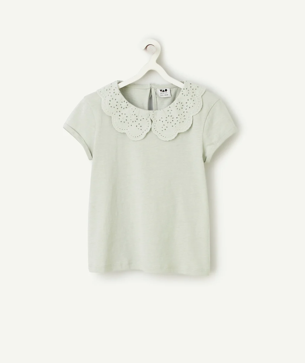 T-SHIRT FILLE EN COTON BIOLOGIQUE VERT AVEC COL CLAUDINE BRODÉ