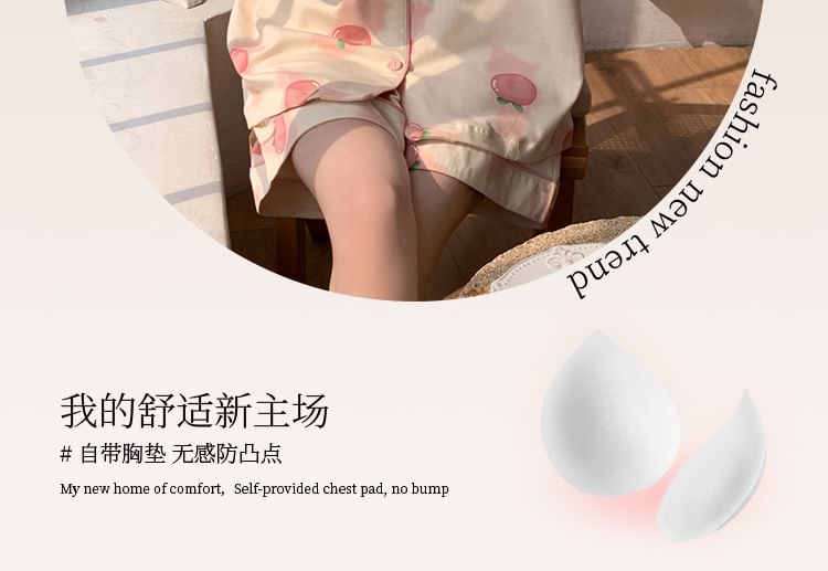 Sweetzer - Pyjamaset: Kort mouwen perzikprint overhemd met knoopjes + korte broek