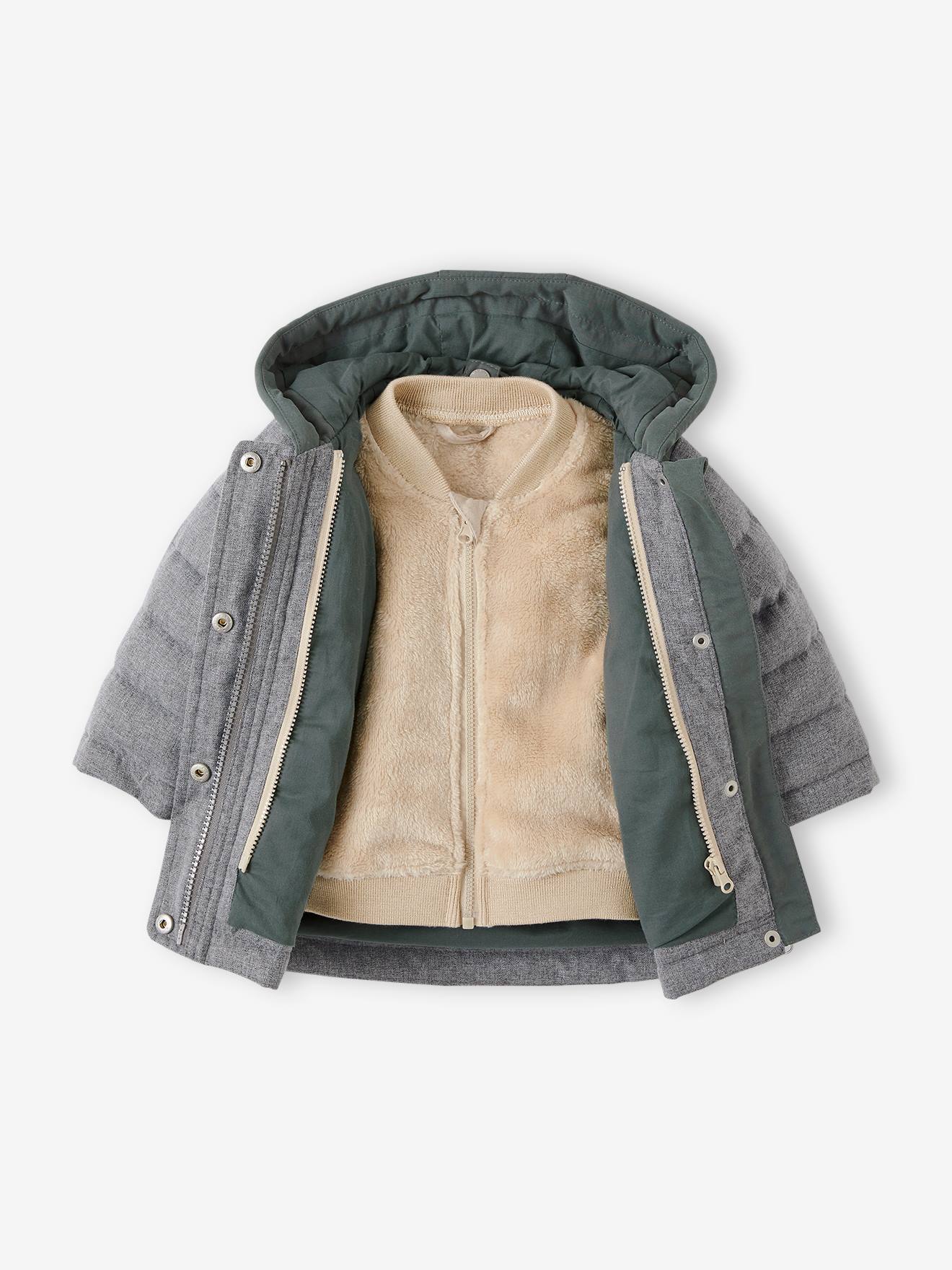 Parka 3 em 1 para bebê menino com jaqueta removível de malha azul-escura lisa.