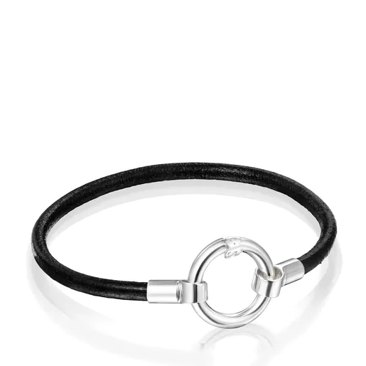 Pulseira de couro preta e prateada com fecho de pressão