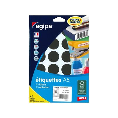 Apli Agipa - Etui A5 - 240 Pastilles adhésives - noir multi-usages - diamètre 30 mm - réf 101823
