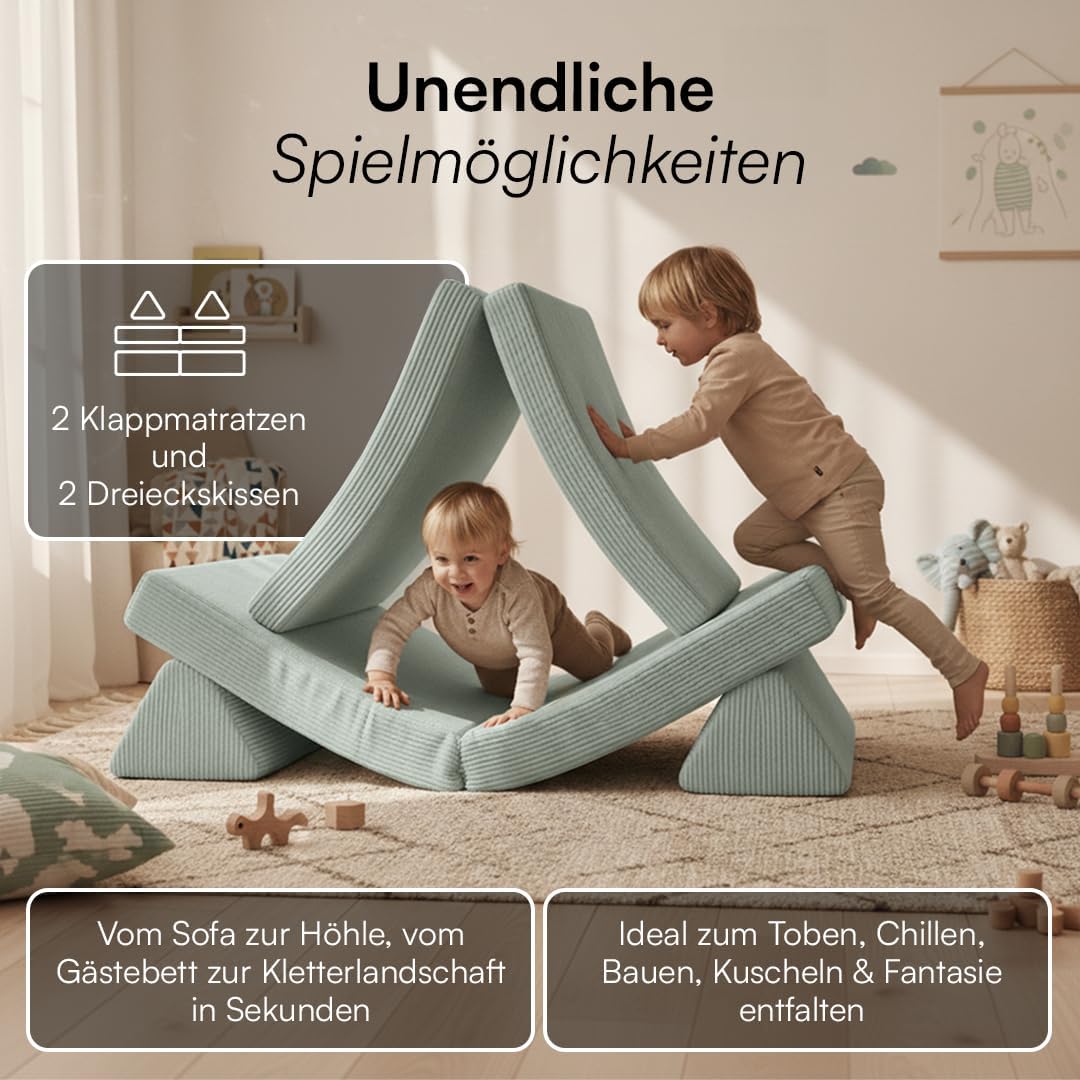 Bellabino Nile Spielsofa für Kinder – Kindersofa Cord in Türkis – Spielesofa aus Schaumstoff Bausteine – modulare Kindercouch ausklappbar – Spielcouch waschbarer Bezug – Sofa Kinderzimmer Kuschelecke