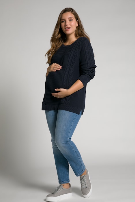 Bellieva-Pullover, Zopfmuster, Rundhals, Langarm, GOTS