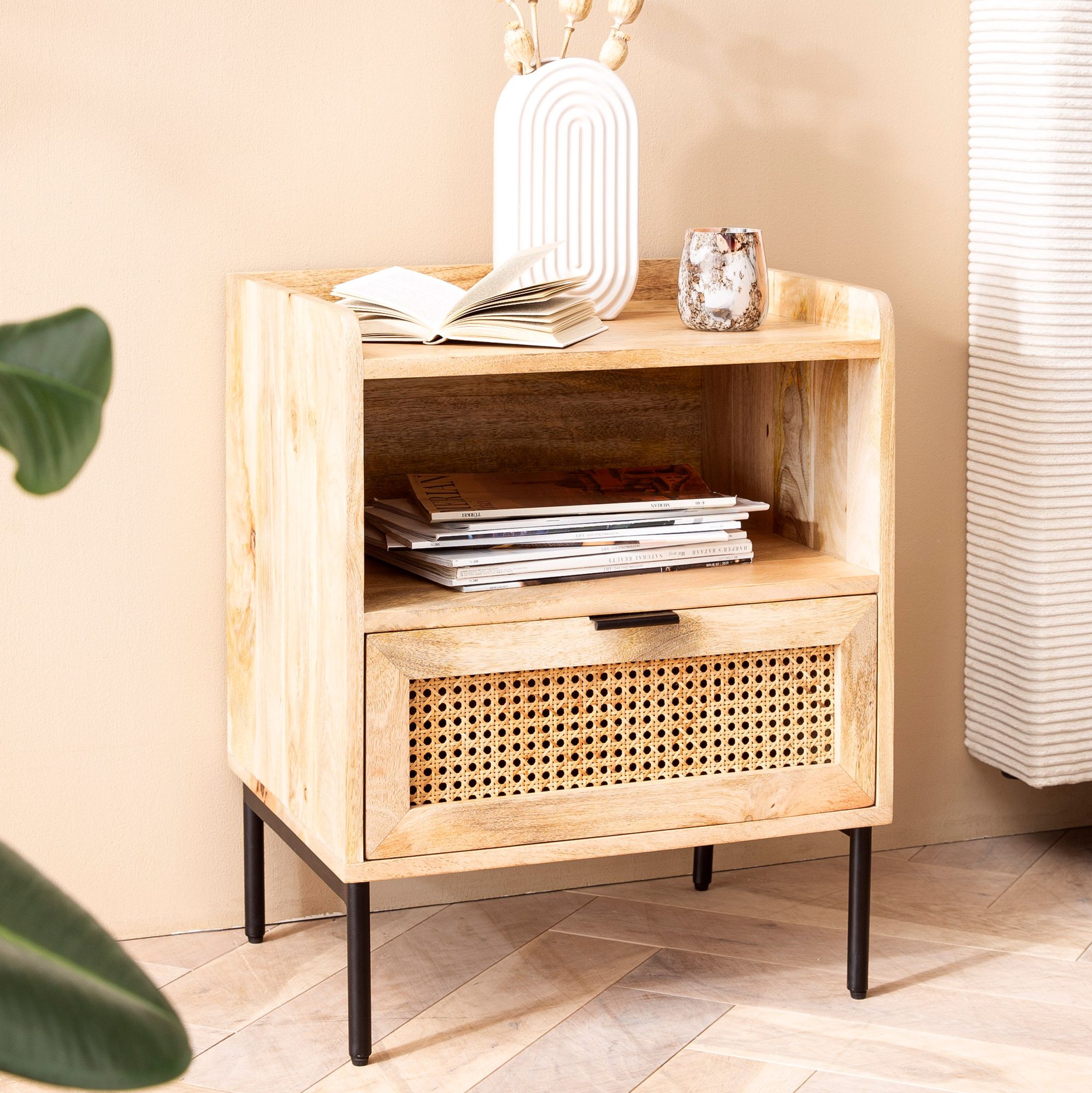 Nachttisch FineBuy Nachtkommode Boxspringbett Holz Rattan 60 cm Wiener Geflecht
