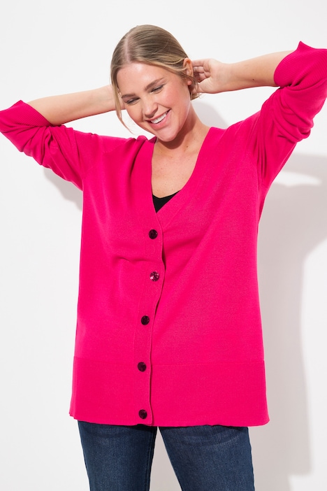 Strickjacke, V-Ausschnitt, Knopfleiste, Feinstrick