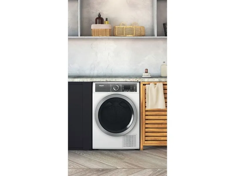 Hotpoint H8 D94WB EU, Fritstående, Front-læsning, Varmepumpe, Hvid, Dreje, Berøring, Højre