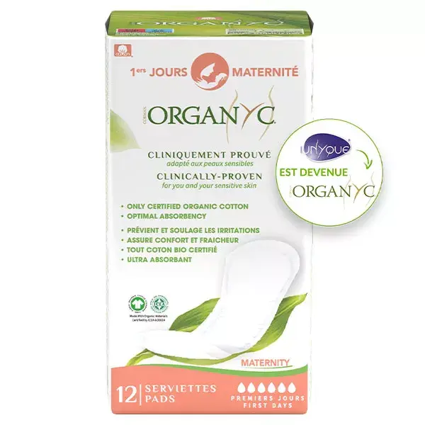 Absorventes higiênicos Organyc Maternity First Days, algodão orgânico, pacote com 12 unidades.