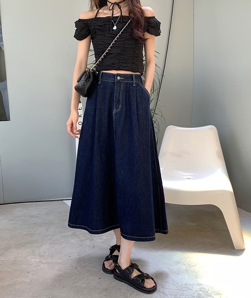 Flowerisque - Midi A-lijn rok met hoge taille en gewassen denim