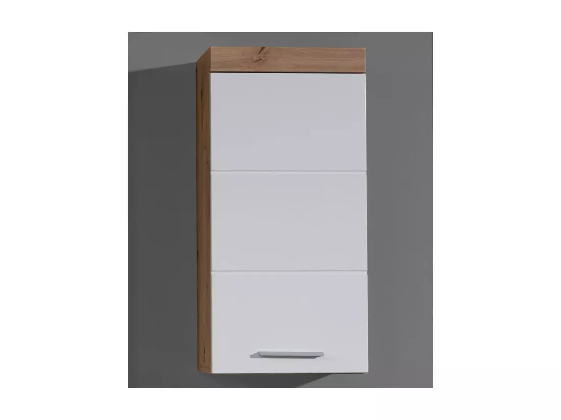 AMANDA - Meuble haut salle de bain mélaminé blanc/chêne brillant. L - H - P : 37 | 77 | 23 cm