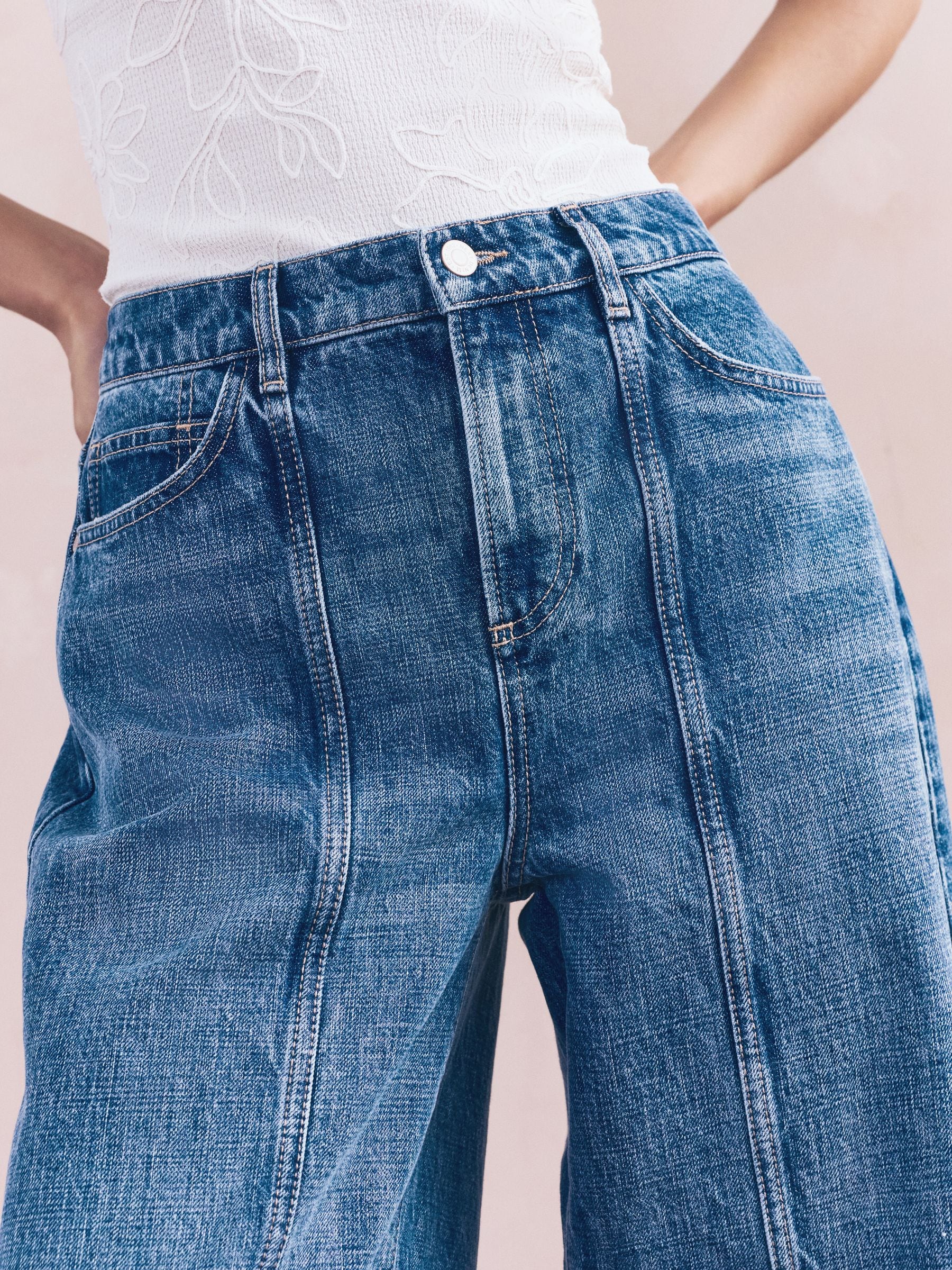 Middenblauw denim - Seam Front Barrel Leg Jeans