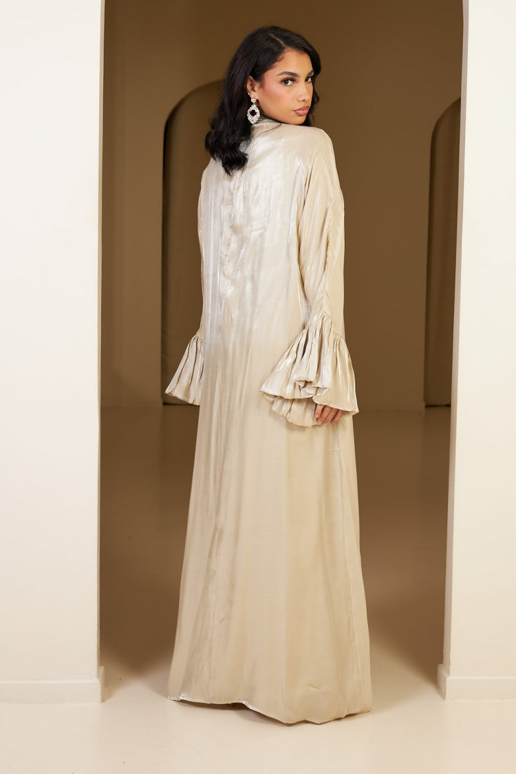 Ensemble 3 pièces abaya + gilet + voile satinée et pailletée beige