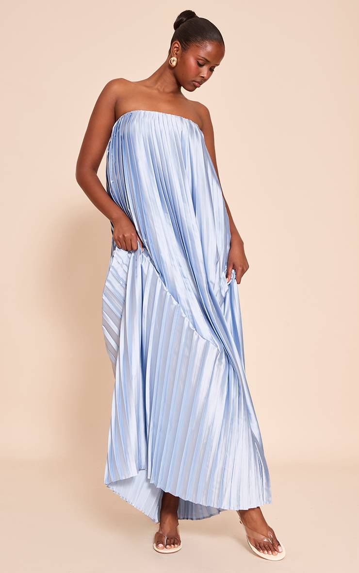Bleu Clair Robe Longue Bustier Plissée En Satin
