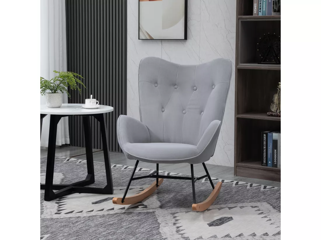 Fauteuil à bascule oreilles rocking chair grand confort accoudoirs assise dossier garnissage mousse haute densité aspect velours gris