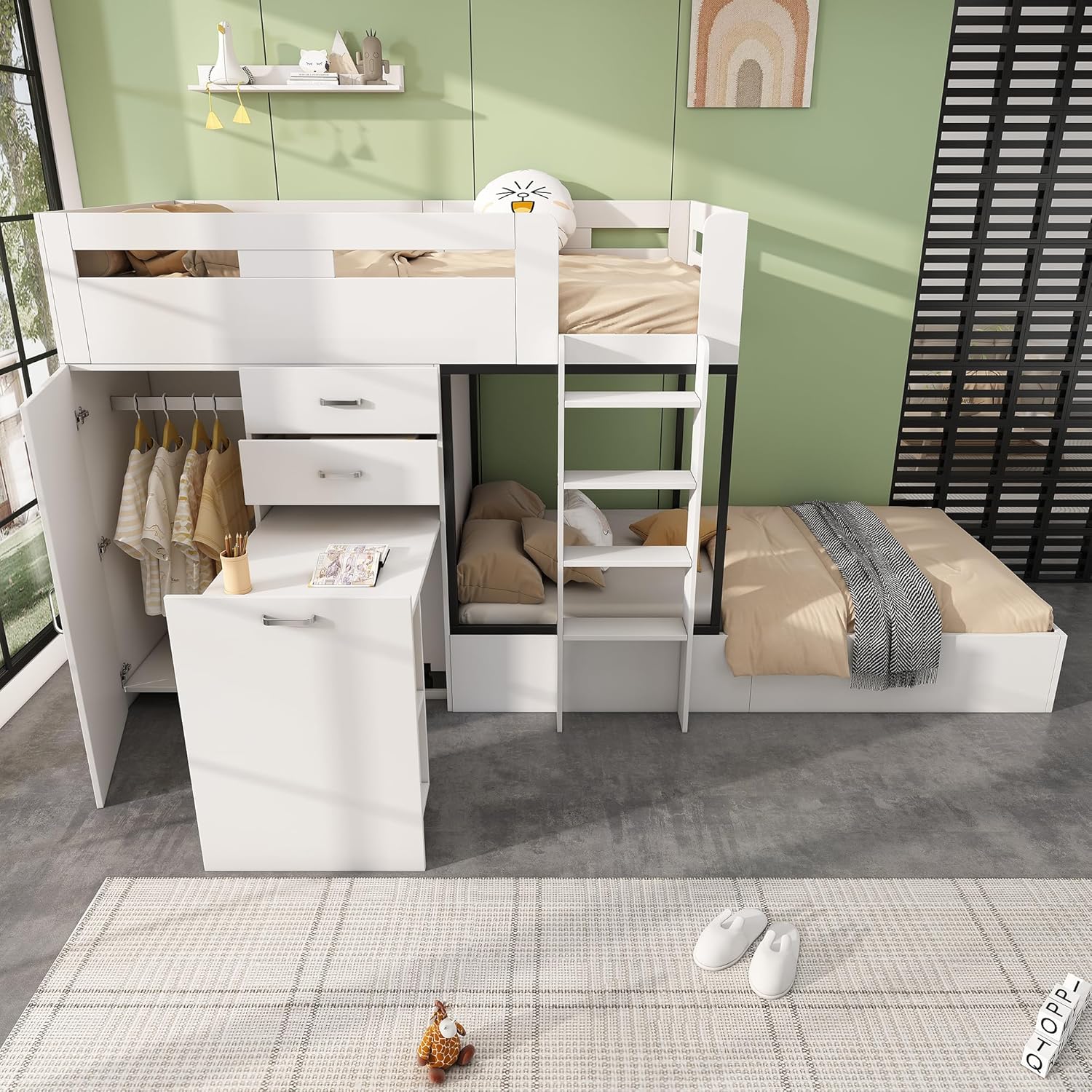 Kinderbett 90x200 cm, Hochbett für 2 Kinder, Etagenbett mit Ausziehbarer Schreibtisch, Kleiderschrank, Bücherregal, Schubladen und Trittleitern, Funktionsbett Stockbett Jugendbett, Weiß,ohne Matratze AQ2369632