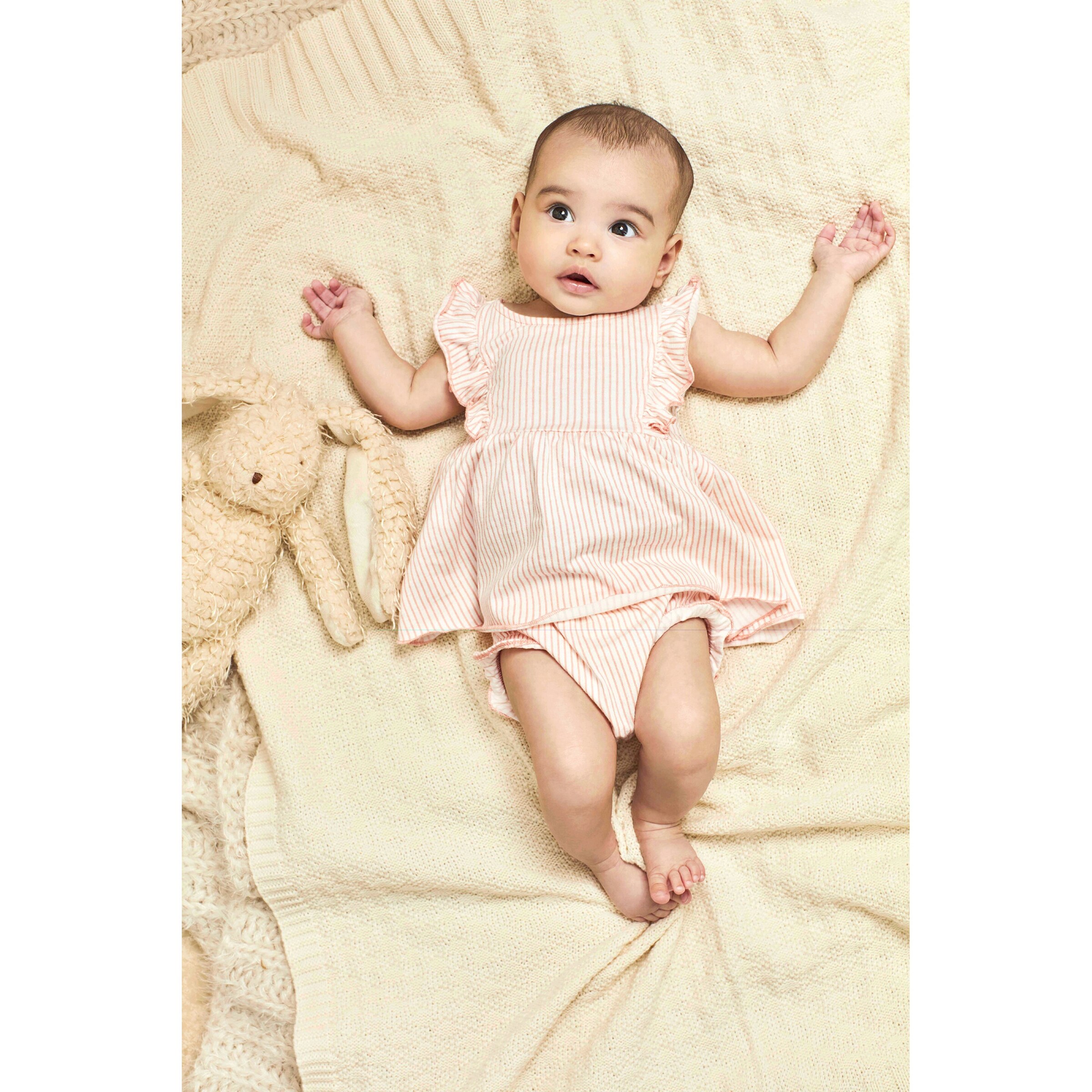 Carter's 3-tlg. Set Body ohne Arm, Kleid Flügelarm und Shorts Ringel Rüsche altrosa/natur