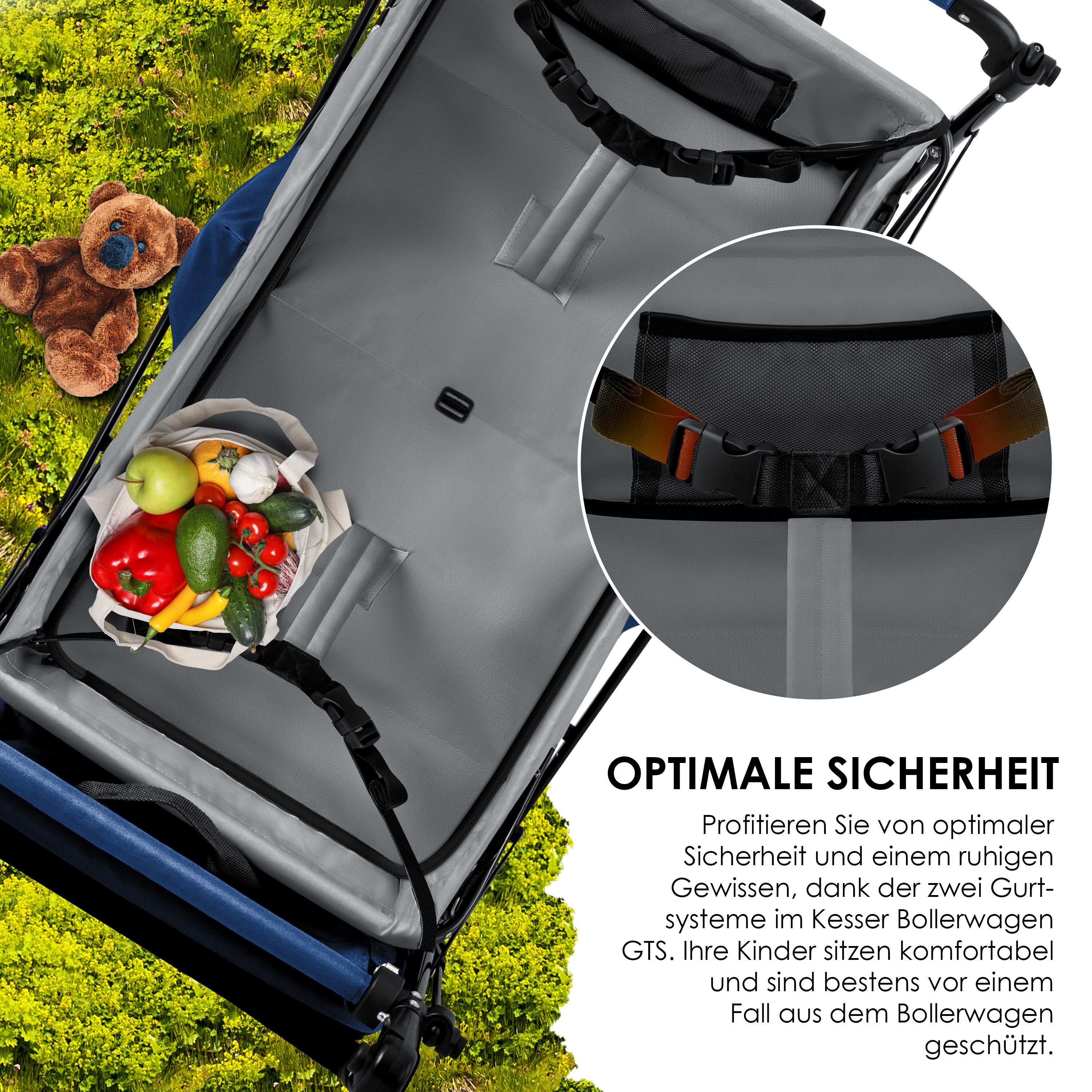 KESSER® Bollerwagen Faltbar GTS-9100 mit Dach Handwagen Transportwagen klappbar inkl. 2x 3-Punkt Gurtsystem 360° Vollgummi-Reifen & Innenraumverlängerung Vorder- und Hinter-Bremse + Tragetasche