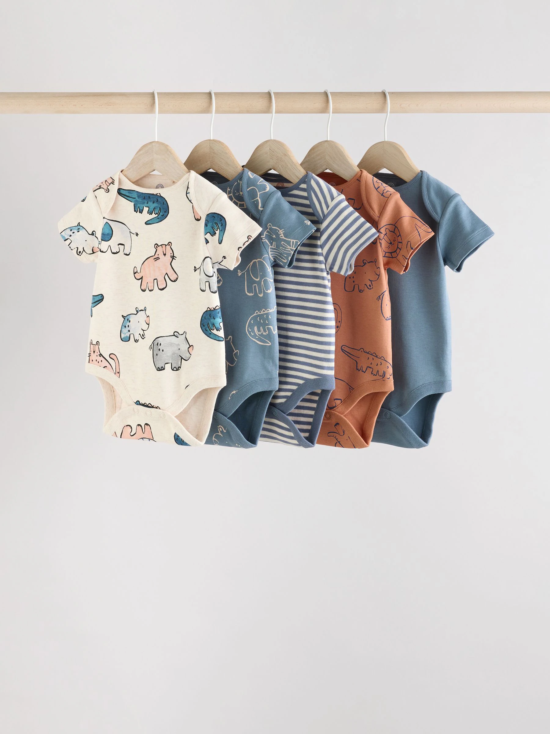 Marineblauw/ Lichtbruin Safari - Verpakking van 5 babyrompertjes met korte mouw van 100% katoen