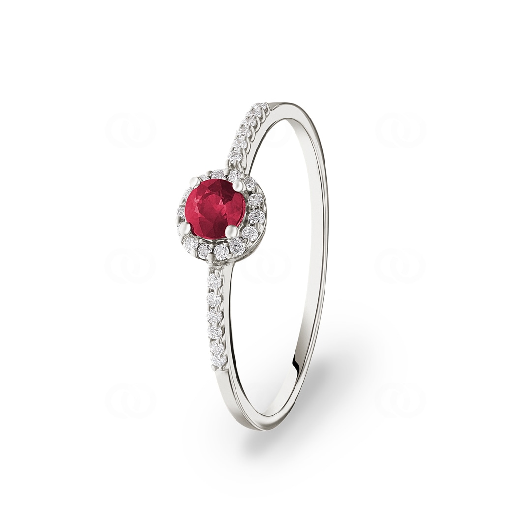 Damenring 750/18 K Weissgold mit Rubin rund und Diamanten 0.07 ct H/si