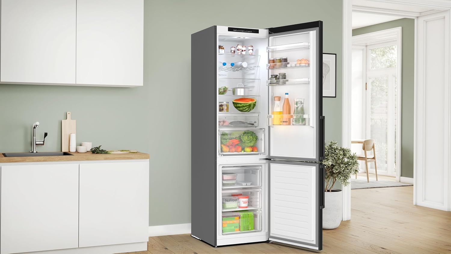 Bosch KGN39VXBT, Serie 4, Kühl-Gefrier-Kombination, 203 x 60 cm, 260 L Kühlen & 103 L Gefrieren, NoFrost nie wieder abtauen, VitaFresh länger, Gebürsteter schwarzer Stahl