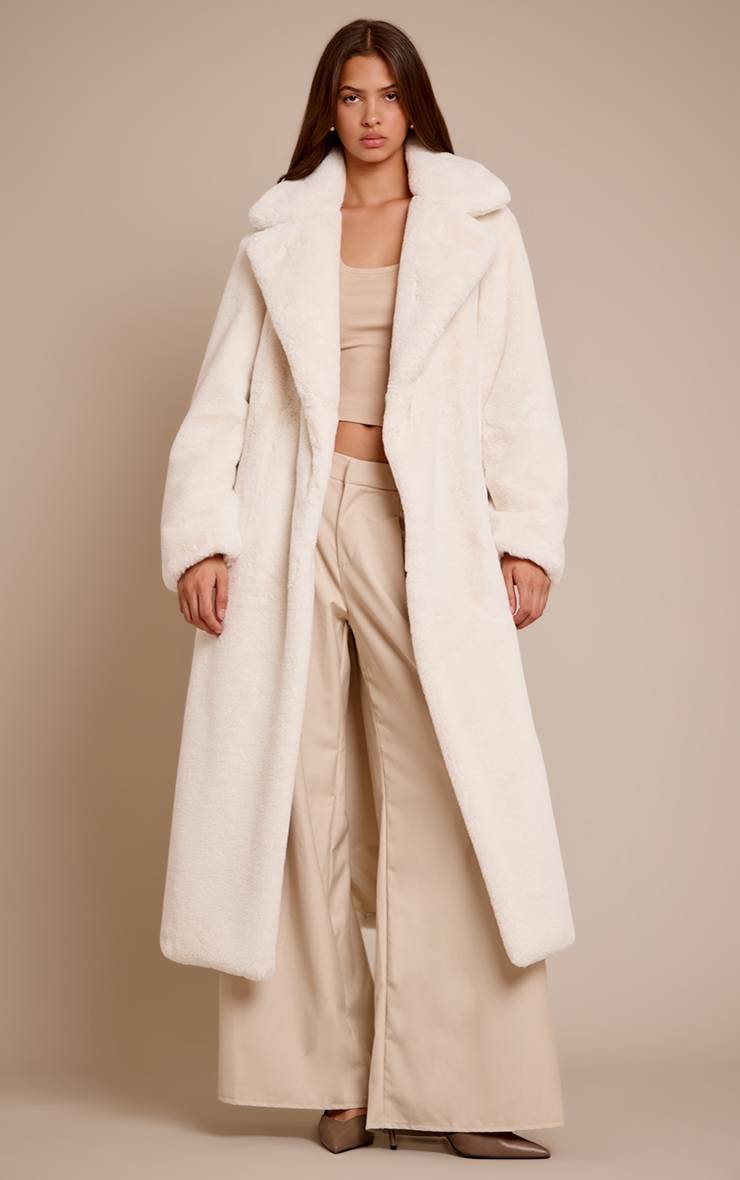 Crème Manteau Long En Synthétique Avec Ceinture À Nouer