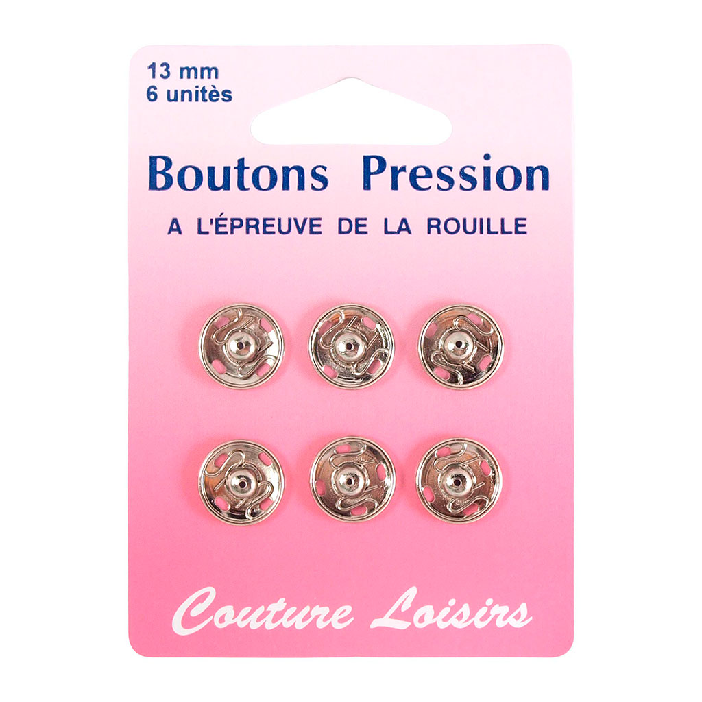 Lot de 6 boutons pression argents 13mm