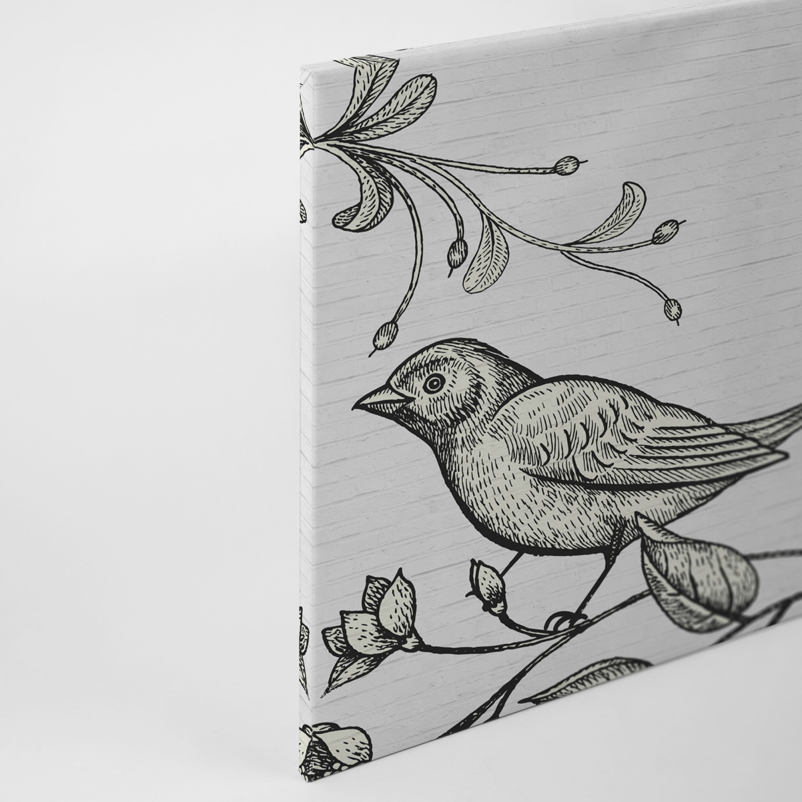 Leinwandbild VOGEL AUF BLUME 3 - schwarz-weiß - 90x60 cm