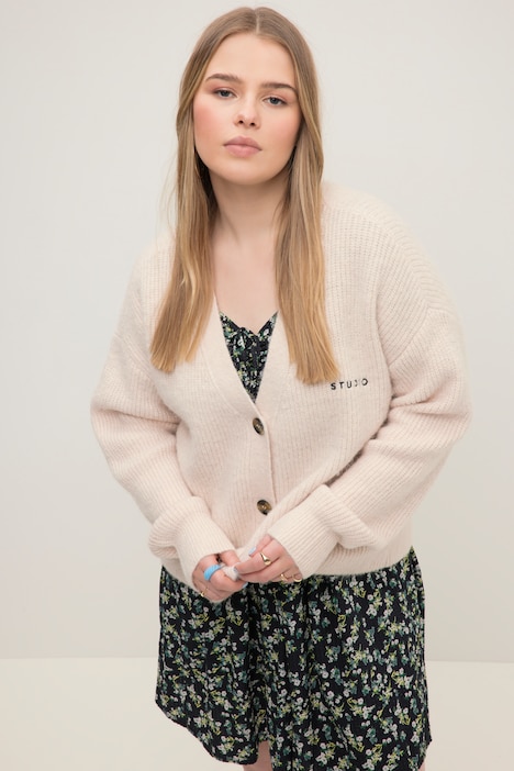 Strickjacke, oversized, Rippstrick, V-Ausschnitt, Langarm, Stickerei