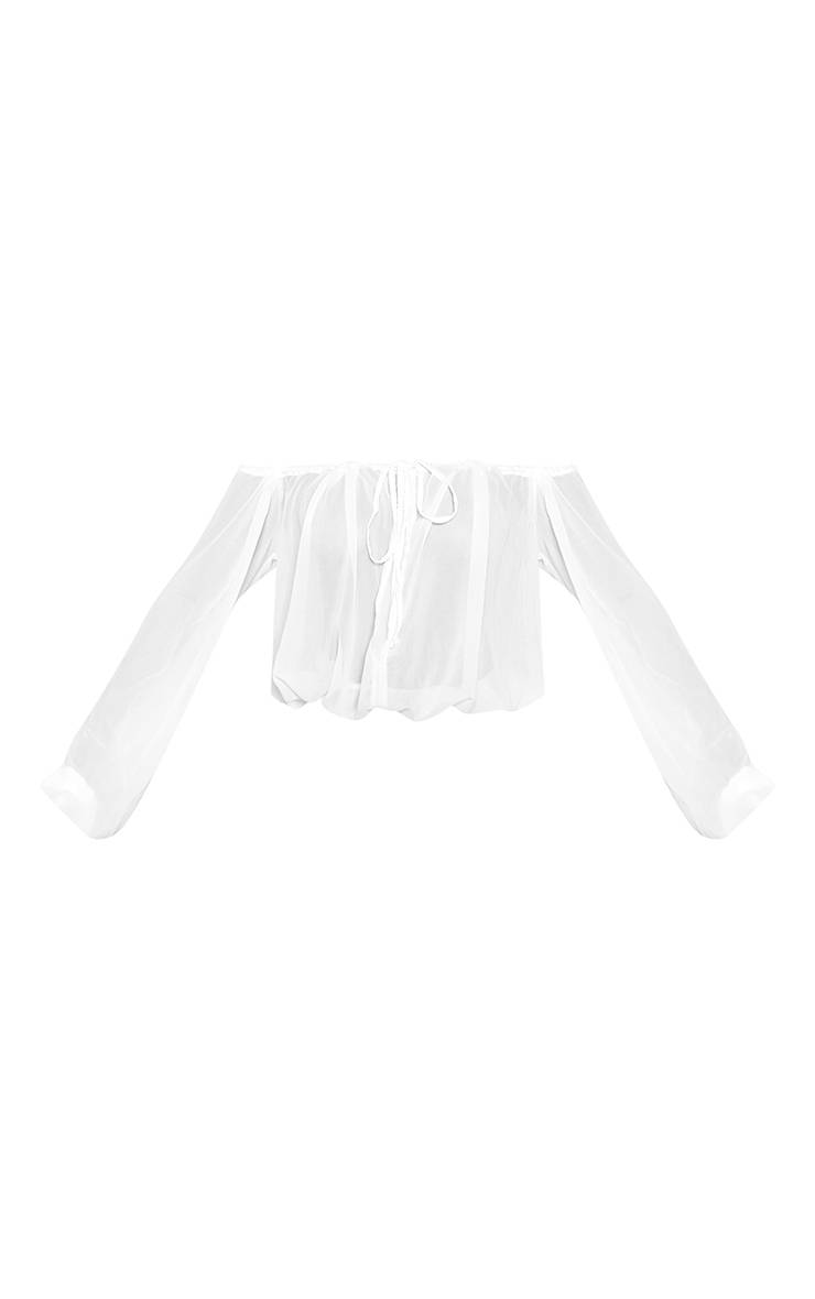 Blanc Chemisier Texturé En Mousseline Col Bardot Avec Détail Noué