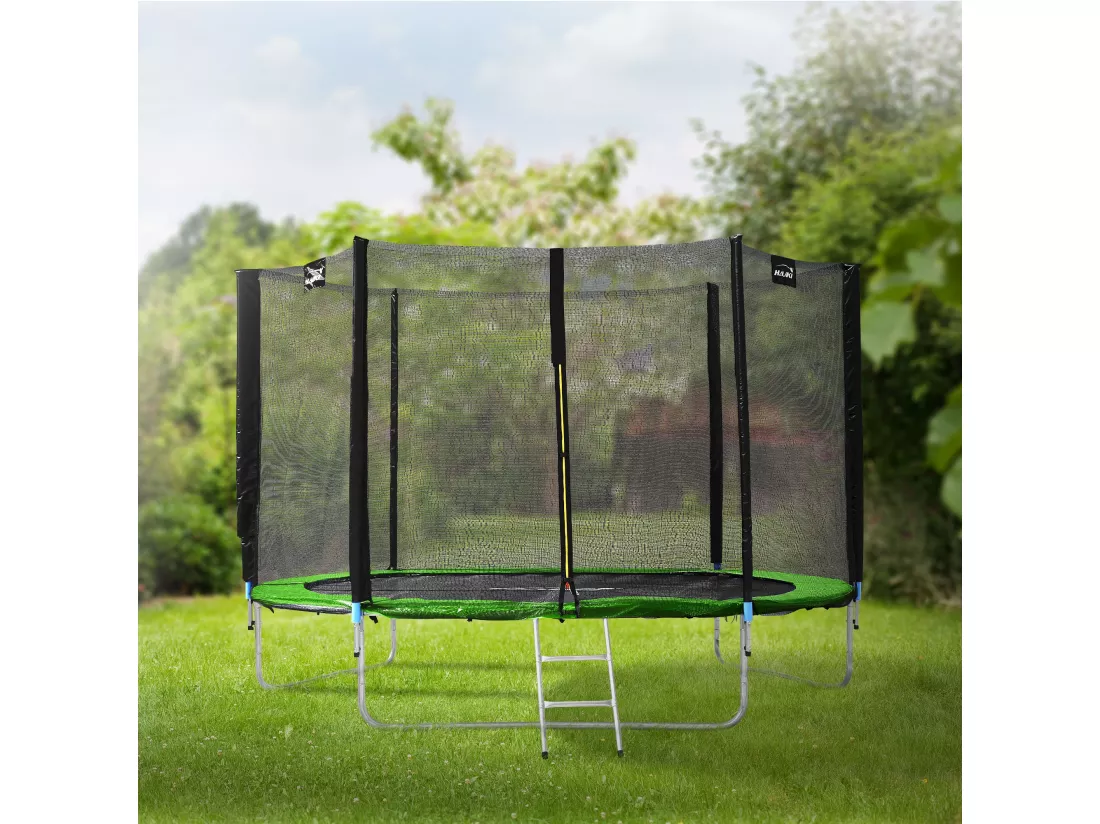 Hauki Trampoline Outdoor, Ø305 cm, vert, certifié GS, trampoline de jardin rond pour enfants jusqu'à 150 kg, set complet avec filet de sécurité, échelle, couverture des bords, barres rembourrées, trampoline stable pour enfants
