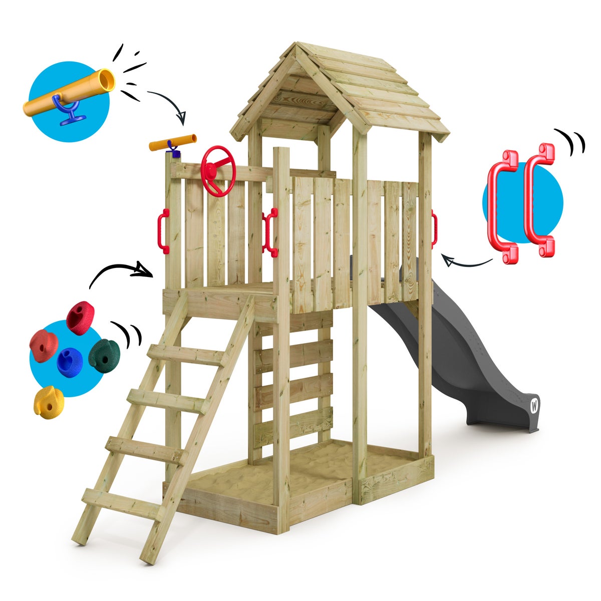 WICKEY JoyFlyer Speeltoren Klimrek met Glijbaan, Klimtoren met Zandbak, Ladder en Speelaccessoires - Antraciet