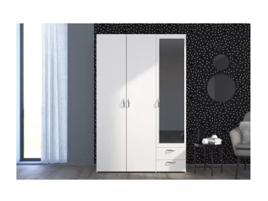 Armoire VARIA - Décor blanc - 3 portes battantes + miroir + 2 tiroirs - L 120 x H 185 x P 51 cm - PARISOT