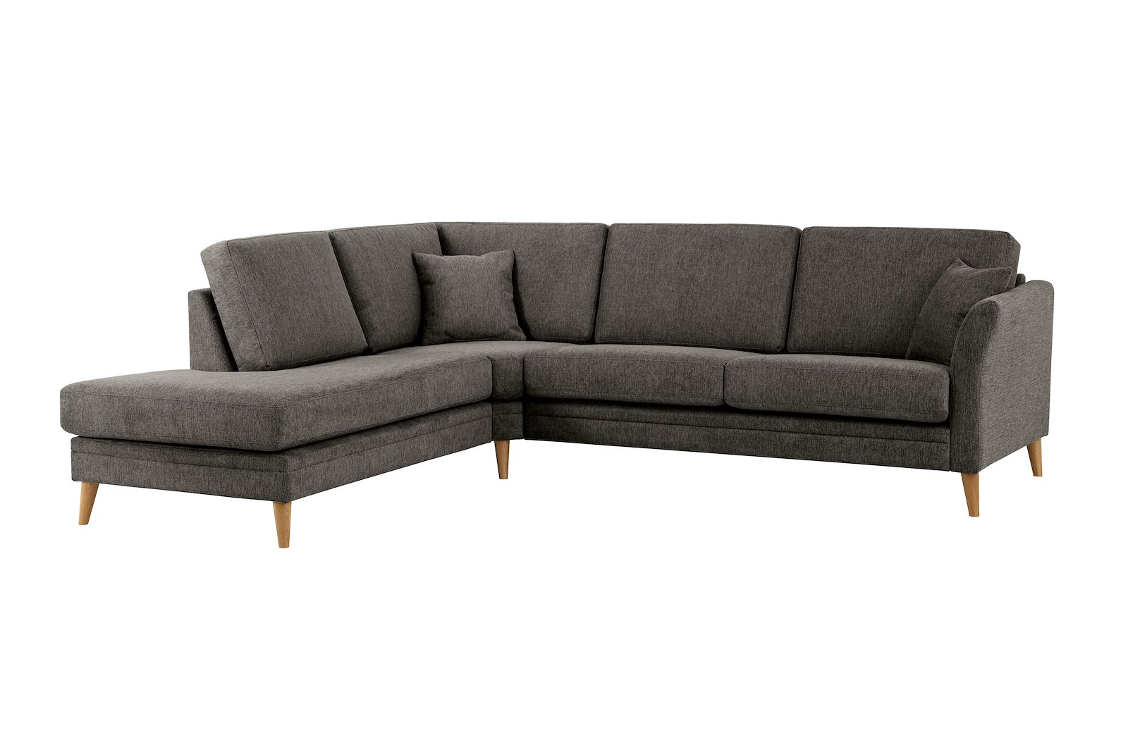 Eden hjørnesofa 2,5-seter med åpen ende venstre. Tekstil Brego 7 Antrazite med ben i eik natur (15137).