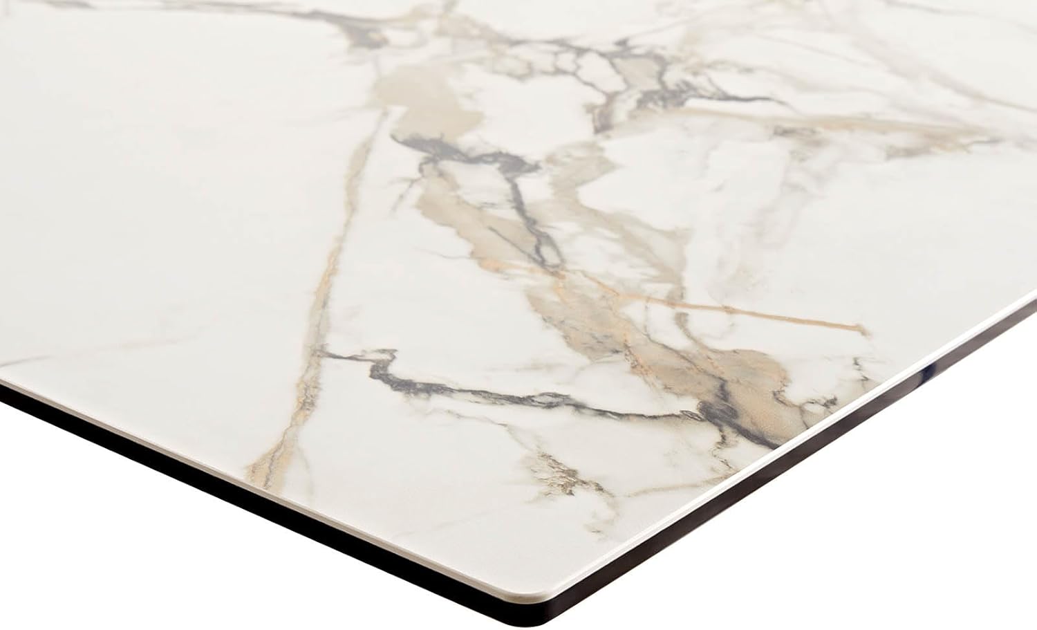 DELIFE Esszimmertisch Edge Keramik Calacatta Luxe Weiß-Gold-Grau 200x100 V-Gestell Flachstahl Schwarz