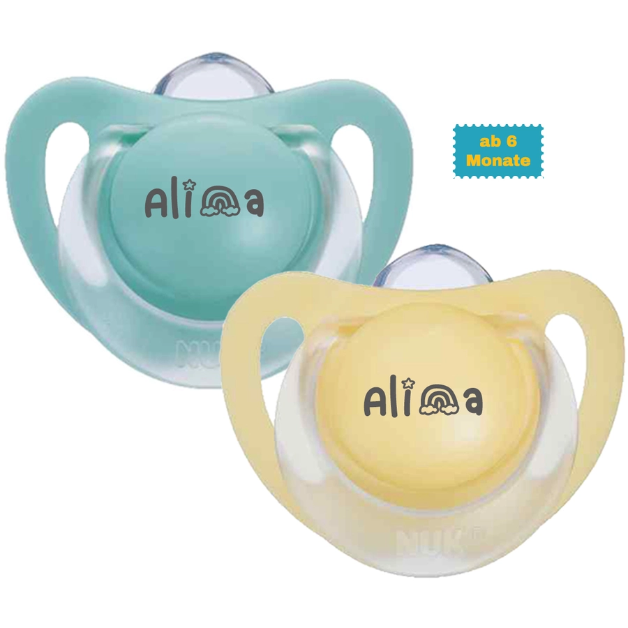 Schnullireich Schnuller mit Namen  Namensschnuller NUK Starlight Rainbow – 2er Set (Mädchen) Blau